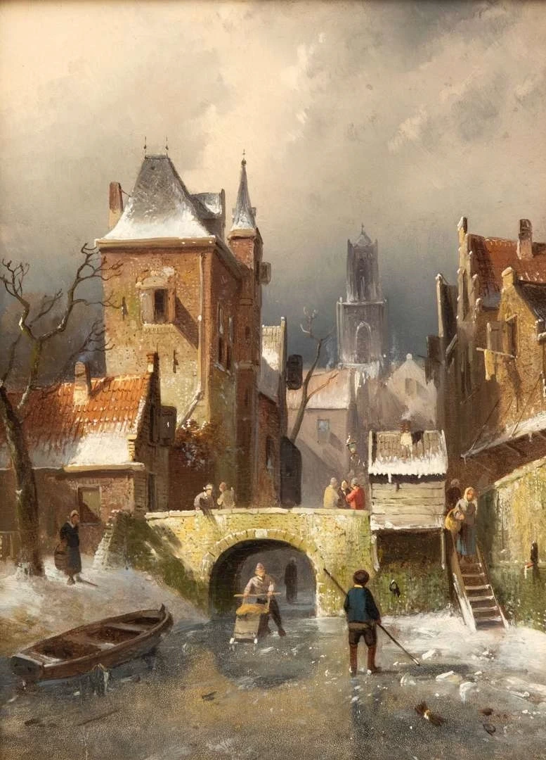 Charles Leickert - 105, Veduta invernale della città con figure e un pattinatore che spinge una slitta vicino a un ponte